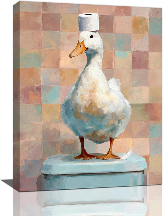 Funny Duck Bathroom Wall Art Cute Duck on Toilet Canvas Wall Decor Funny Quirky Farm Animal Pictures Painting Print Framed Artwork Decorations Gifts for Bathroom 12"x16"