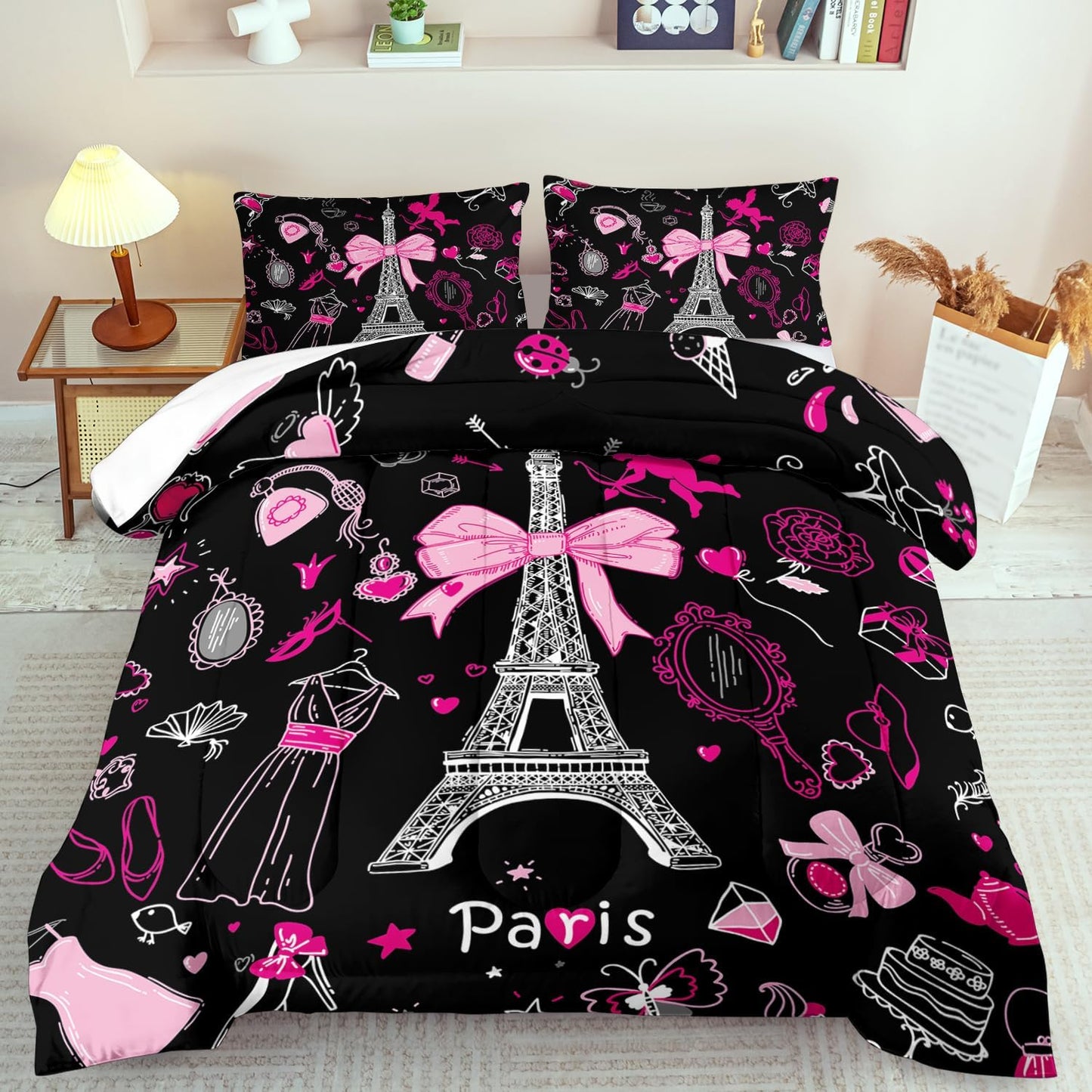 Eiffel Tower Comforter Set Twin Size,Eiffel Tower Bedding Set for Girls, Pink and Black Paris Themed Comforter Bedroom Decor,Paris Quilt French Style Romantic Bedding