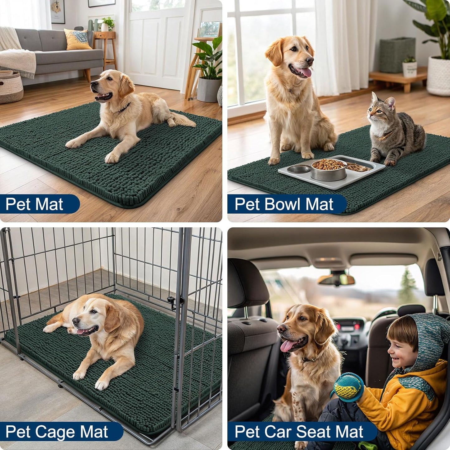 Smiry Dog Door Mat for Muddy Paws 40x32, Absorbs Moisture and Dirt Doormat, Non-Slip Washable Quick Dry Chenille Front Door Mat Indoor Entrance, Entryway Carpet for Inside Floor, Green