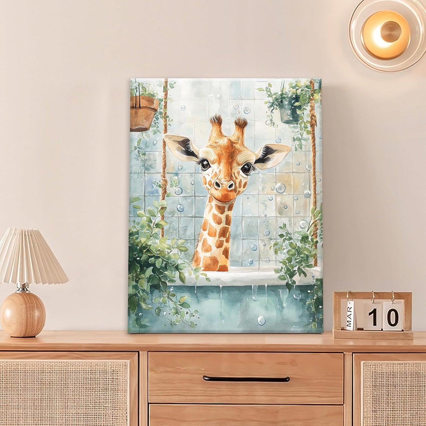Bathroom Funny Giraffe Pictures Wall Art, Watercolor Giraffe Bathroom Wall Decor, Animal Framed Painting Canvas Artwork for Living Room Decorations 16"L x 12"W