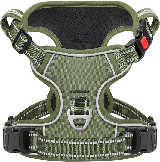 Timos Dog Harness Medium Sized, No Pull Pet Harness with Neck Lockable Snap,No Choke Front Clip Dog Reflective Vest,Adjustable Metal Rings 3 Buckles,Easy Control Handle for Medium Dogs Green M