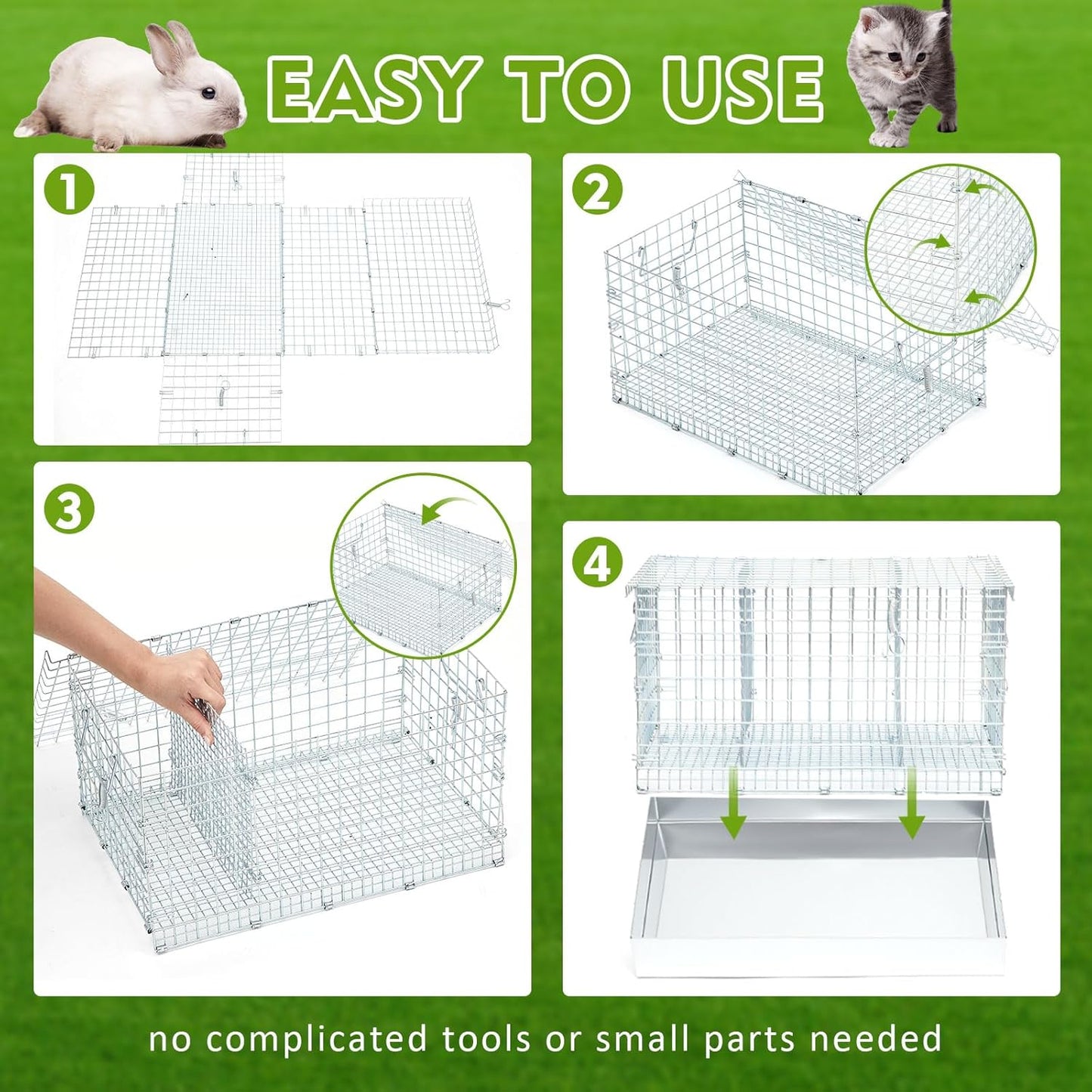 Folding Rabbit Cage, 18 x 12 x 10 in Portable Bunny Carrier with Tray and Handles for Transport, Travel or Temporary Housing, Indoor Outdoor Pet Habitat Animal Enclosure