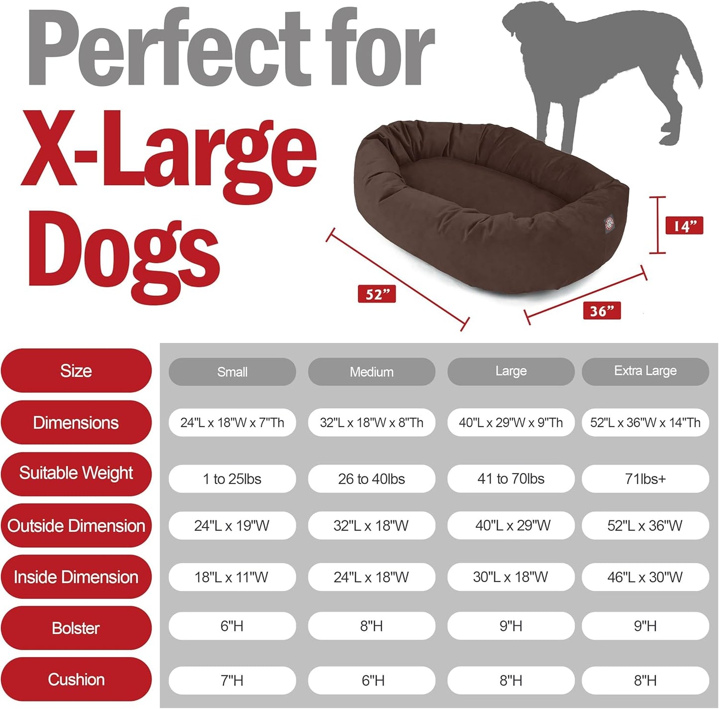 Majestic Pet 52 Inch Suede Calming Dog Bed Washable 52x35x11 (Inch) – Cozy Soft Round Donut Dog Bed with Spine Support for Dogs to Rest Their Head - Pet Bed X- Large – Chocolate (2025)