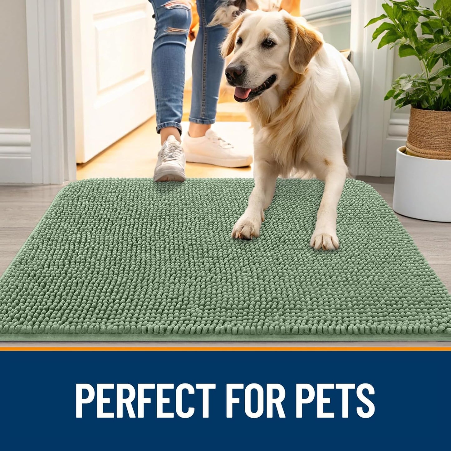 OLANLY Dog Door Mat for Muddy Paws 70x46, Absorbs Moisture and Dirt, Absorbent Non-Slip Washable Doormat, Quick Dry Chenille Mud Mat, Entry Indoor Entryway Carpet for Inside Floor, Olive Green