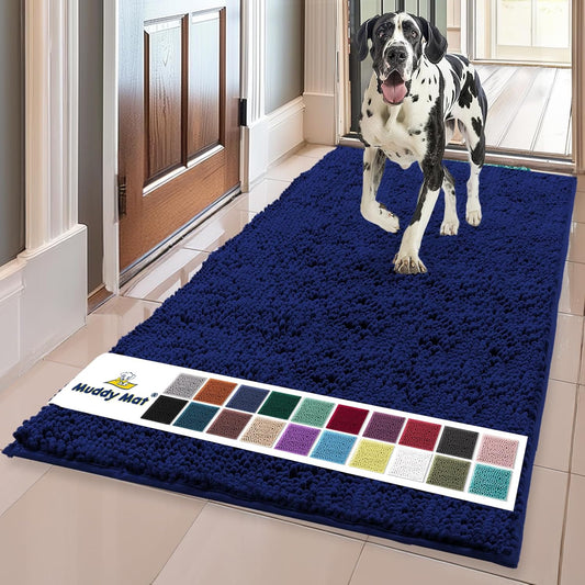 Muddy Mat® AS-SEEN-ON-TV Highly Absorbent Microfiber Dog Door Mat and Pet Rug, Non Slip Thick Washable Area and Bath Mat Soft Chenille for Kitchen Bathroom Bedroom and Indoor - Navy Blue XL 59"X35"