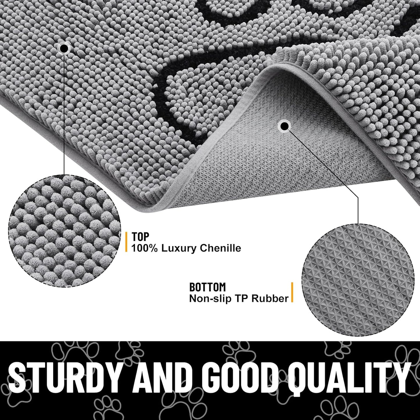Smiry Dog Door Mat for Muddy Paws, Absorbent Dirt Trapper Non Slip Quick Dry Washable Chenille Mat for Mud Dogs, Entry Rug for Indoor and Outdoor (71x46 Inches, Grey)