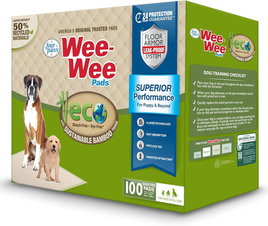 Four Paws Wee-Wee Superior Performance Bamboo Pee Pads for Dogs, Earth Friendly Dog & Puppy Potty Training Pads, Crate Liners, Housebreaking Supplies, 22" x 23" (100 Count)