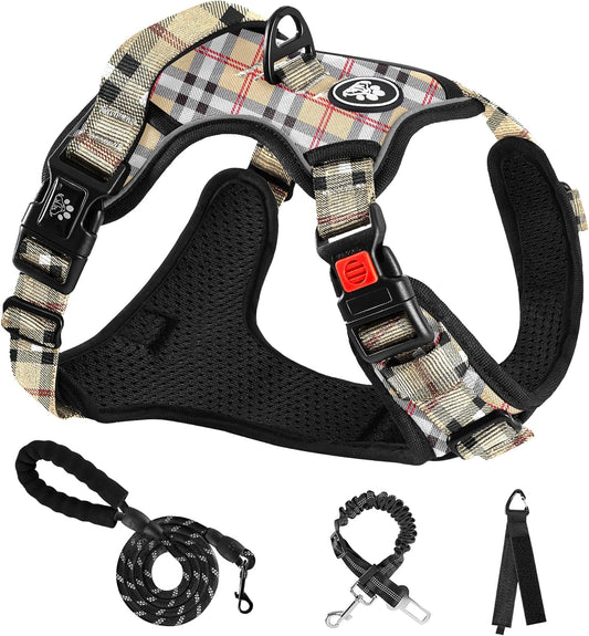 NESTROAD No Pull Dog Harness with Leash, Reflective No Choke Pet Vest Harness,Adjustable Soft Padded Dog Harness with Easy Control Handle for Large Dogs(Checkered Beige,X-Large)