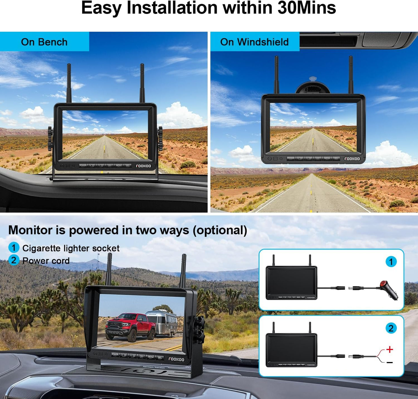Fookoo HD 1080P 7-inch Wireless Backup Camera for Furrion RV, 7" Split Screen Monitor Plug-Play Easy Setup Rear View Camera DIY Guide Lines Waterproof for Truck RV Trailer Camper Motorhome - DW70101