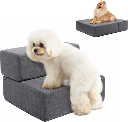 Foldable 18 Inch Wide Dog Stairs for Small Dogs, 12 Inch Height Foam Dog Steps for Bed & Couch, Linen Covered Pet Stairs for Dogs to Get on Bed, Indoor Foam Pet 2 Steps for for Cat and Puppy