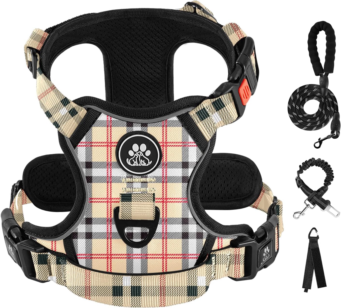 IVY&LANE No Pull Dog Harness with Leash Set, Reflective No Choke Pet Vest,Adjustable Oxford Dog Vest Harness with Easy Control Handle for Small Dogs (Checkered Beige,S)