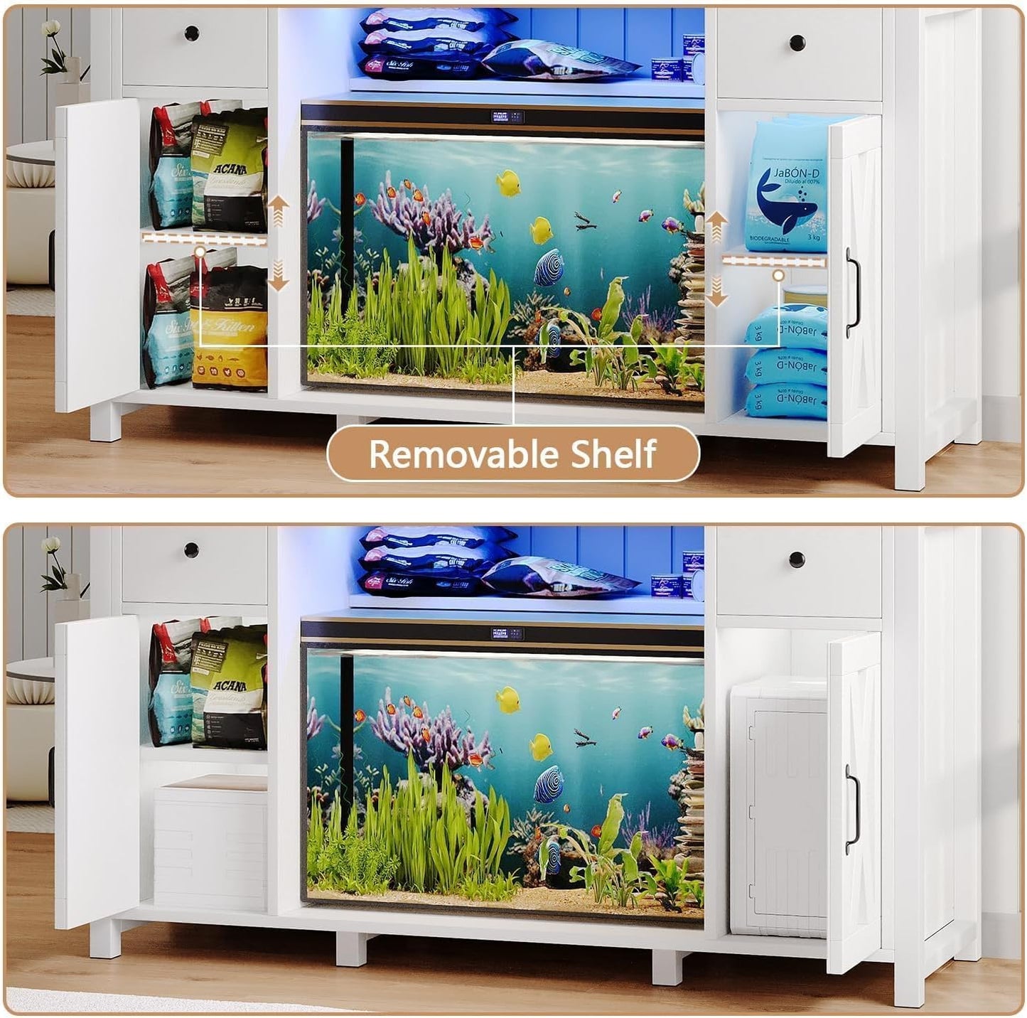 75 Gallon Fish Tank Stand with LED Light & Power Outlets, 55-75 Gallon Aquarium Stand with 2 Drawers & 2 Barn Doors, 52" L x 20" W Cabinet for 2 Fish Tank Accessories Storage, Turtle Tank, White