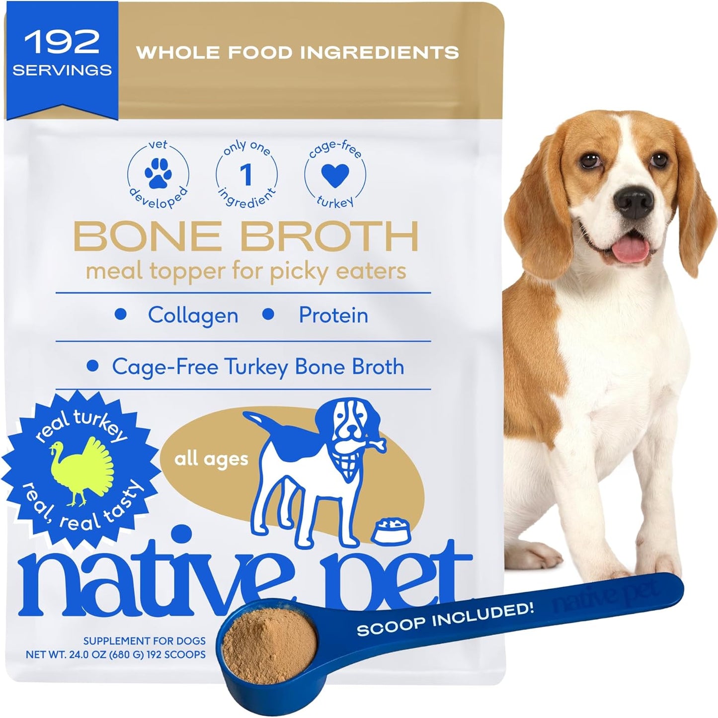 Native Pet Bone Broth for Dogs and Cats - Turkey Bone Broth Powder Dog Food Toppers for Picky Eaters - Provides Extra Nutrition for Joint Strength, Immune Support & Heart Health - 192 Scoops