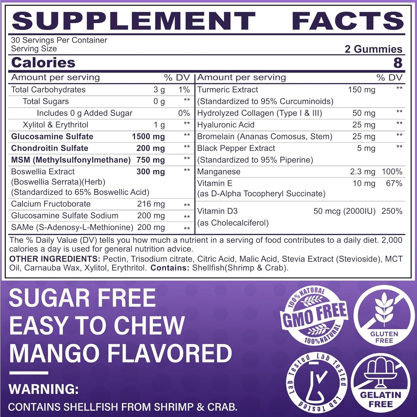 Glucosamine Chondroitin Gummies, Sugar Free Glucosamine Chondroitin MSM Supplement, Extra Strength with Boswellia Turmeric, Hydrolyzed Collagen & Hyaluronic Acid, Bone Health for Men & Women, 120 Cts