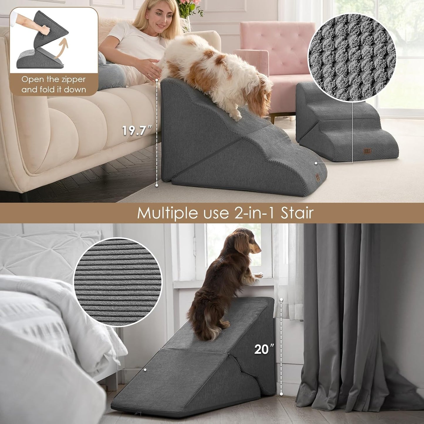 EHEYCIGA Curved Foldable Dog Stairs Ramp for High Beds 19.7" H, 4-Step Dog Steps for Small Dogs and Cats, Pet Stairs for High Bed Climbing, Non-Slip Balanced Pet Step Indoor, Grey