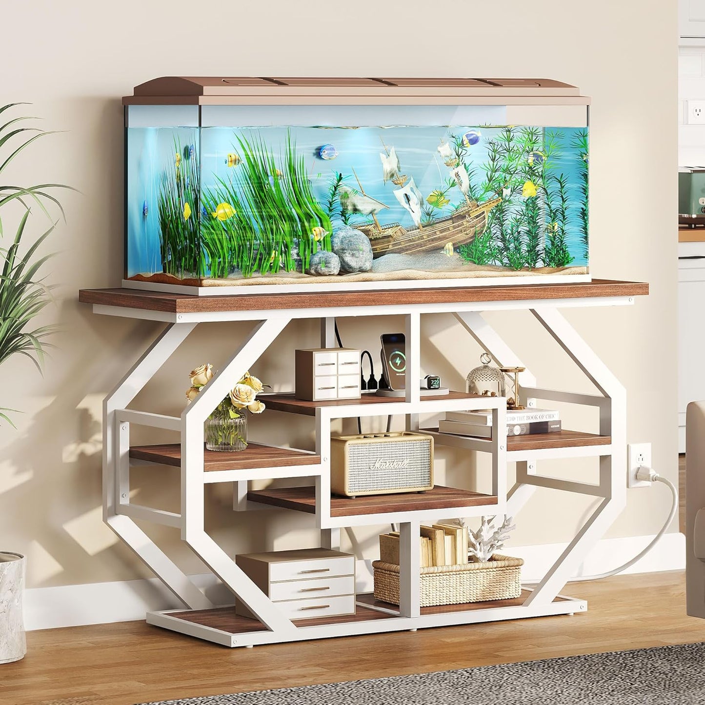 YITAHOME Heavy Duty 55-75 Gallon Fish Tank Stand with Power Outlet, Marble Aquarium Stand for Fish, Turtle, Reptile Terrarium, Shelves for Fish Tank Accessories Storage, 860LBS Capacity, White & Walnut