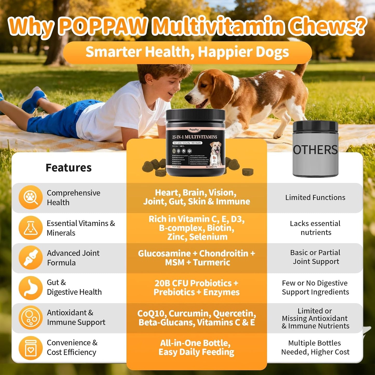 25-in-1 Dog Multivitamin Chews – All-in-One Daily Vitamins & Supplements for Dogs, Joint Support with Glucosamine MSM, Omega-3 Skin & Coat, Gut, Heart & Brain, All Breeds & Ages, Beef, 60Ct