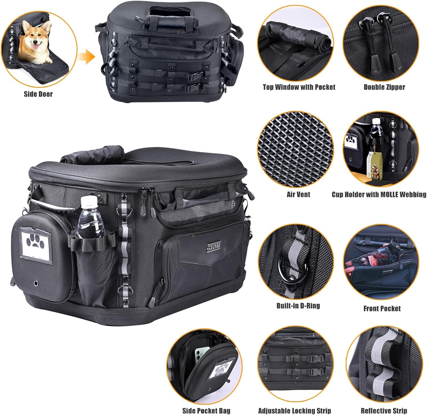 Motorcycle Dog Carrier, Portable Pet Carrier Pet Travel Bag Cat Carrier Bag for Harley Street Glide Road King Touring Trike Can Am with Luggage Rack Passenger Seat Load Capacity 20lb (Black)
