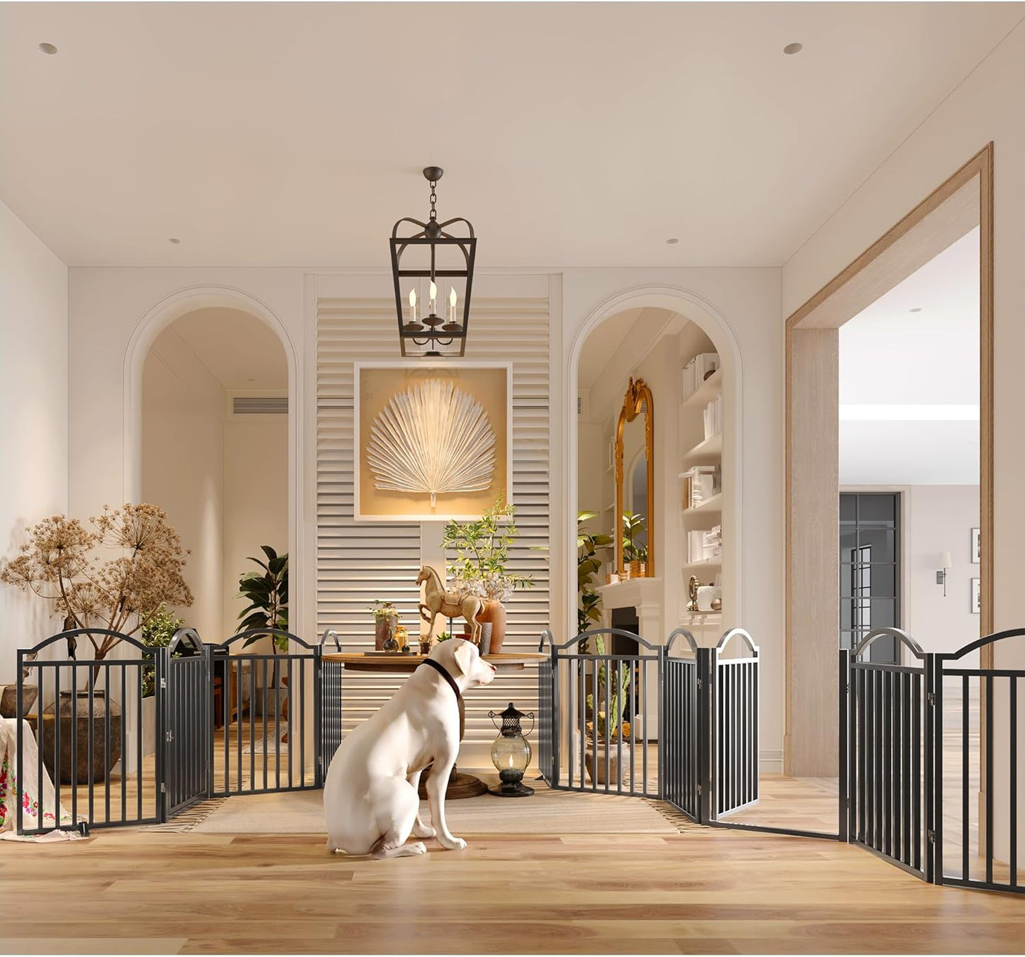 BHG Metal No-Assembly Freestanding Dog Gate with Door Walk Through, Extra Wide 144", Extra Tall 32" Pet Gate, Accordion Puppy Folding Playpen Dog Fence for Indoor & Outdoor, with 2PCS Support - Black