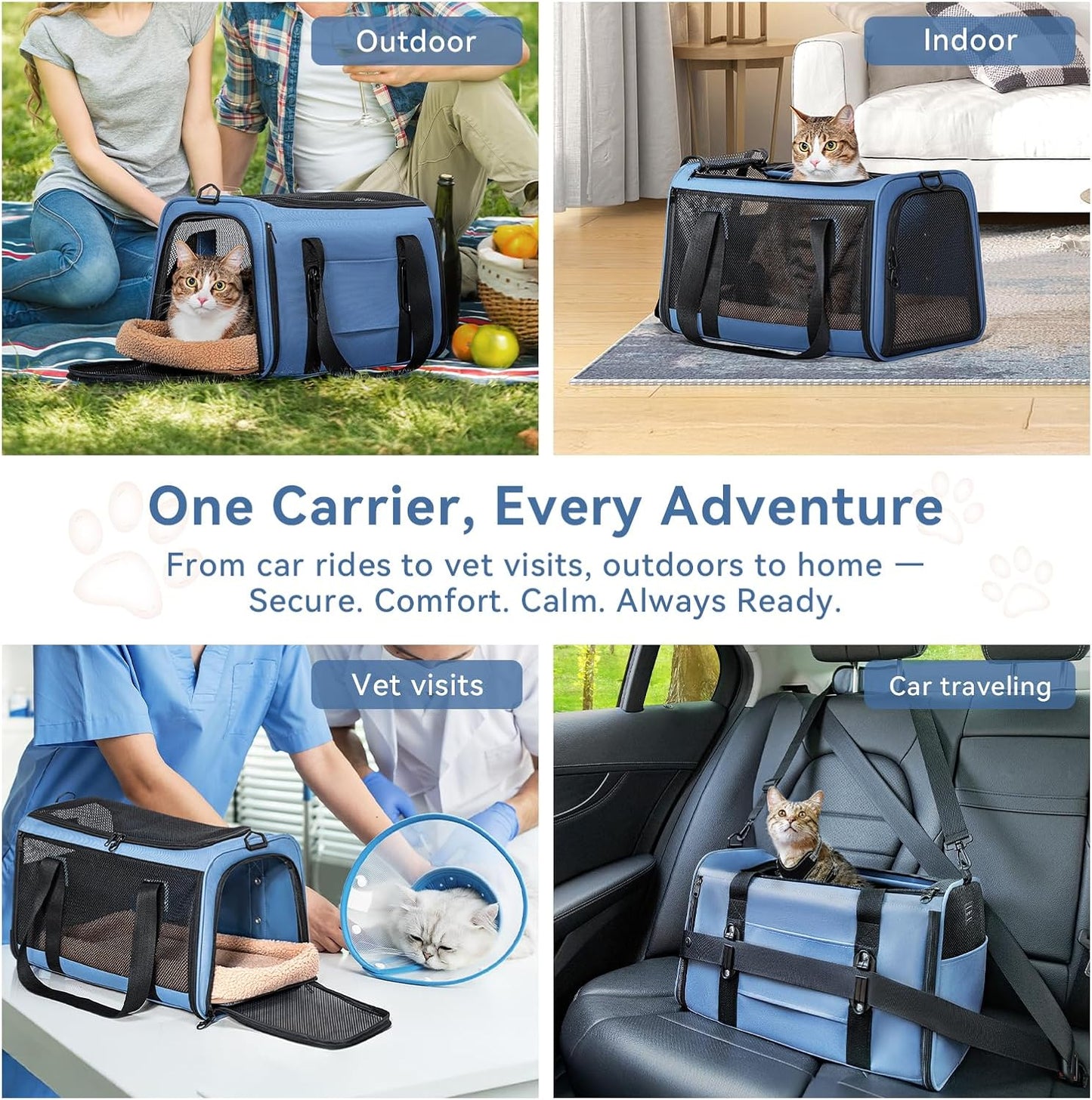PETSFIT Soft-Sided Cat Carriers & Car Seats with Patent Safe Buckles, Clip-On Harness，18"x11"x11" Airline Approved Pet Carrier - 9 lbs Capacity (Blue)