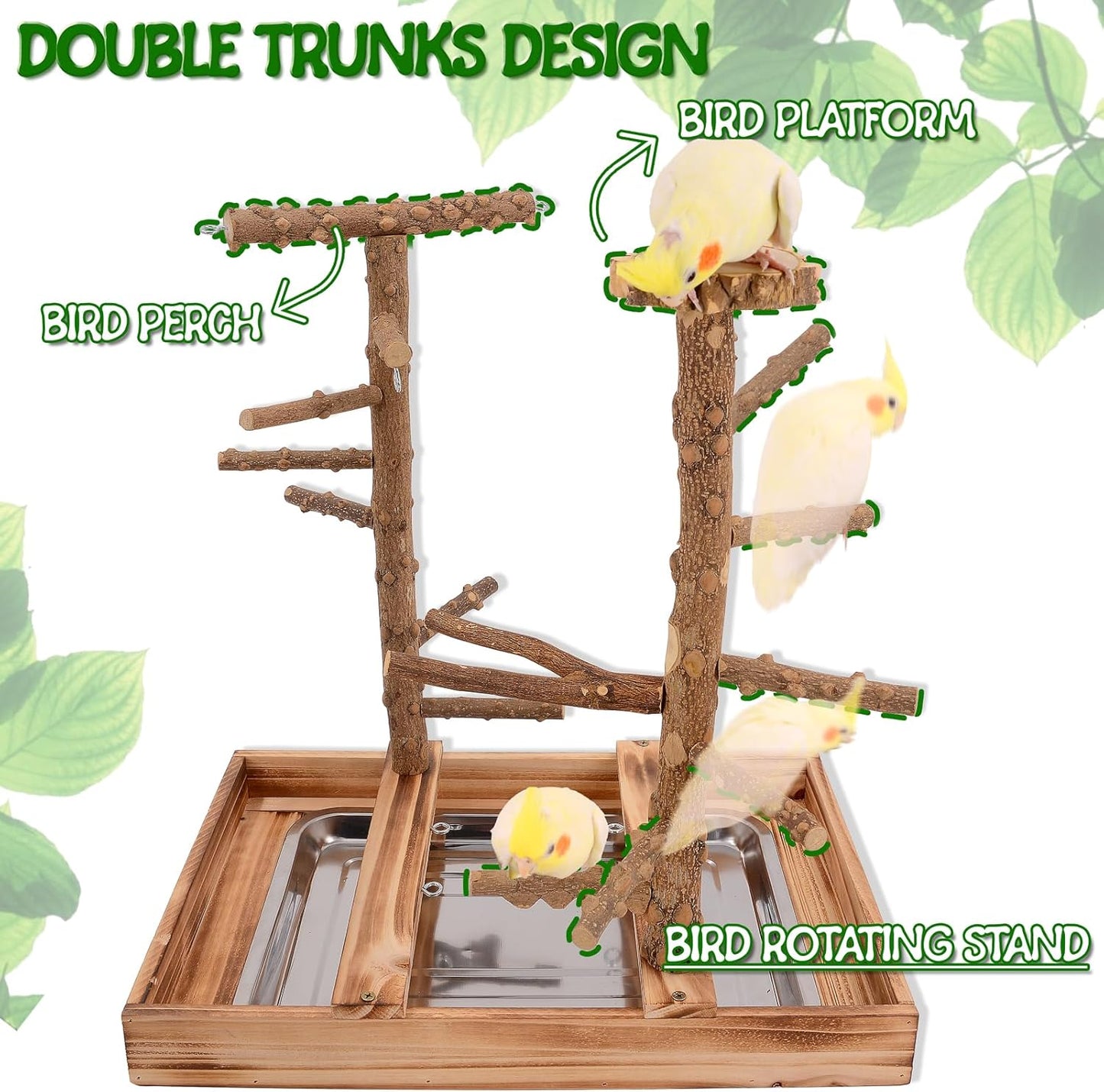 Bird Playground - Natural Wood Bird Perch Stand with Removable Tray and 2 Stainless Steel Cups