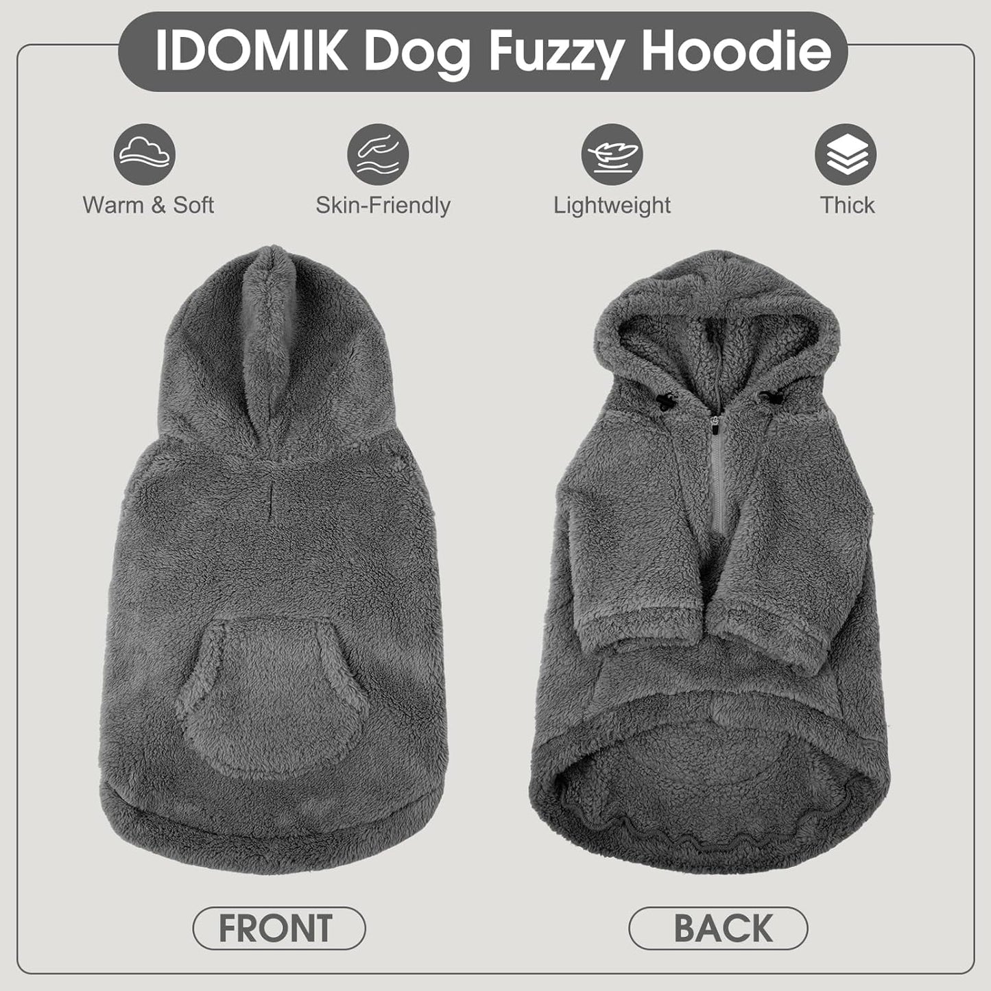 IDOMIK Fuzzy Dog Sweater with Adjustable Hood, Warm Fleece Dog Sweater Hoodie with Harness Hole & Pocket, Pullover Sweaters for Large Dogs, Fuzzy Hooded Sweatshirt for Fall Winter Christmas,Grey,2XL