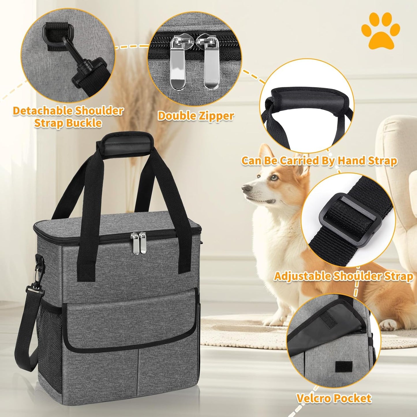 Dog Travel Bag for Camping - Weekend Pet Accessories With 2 Collapsible Bowls, 2 Food Containers, 1 Waterproof Feeding Mat - M, Grey
