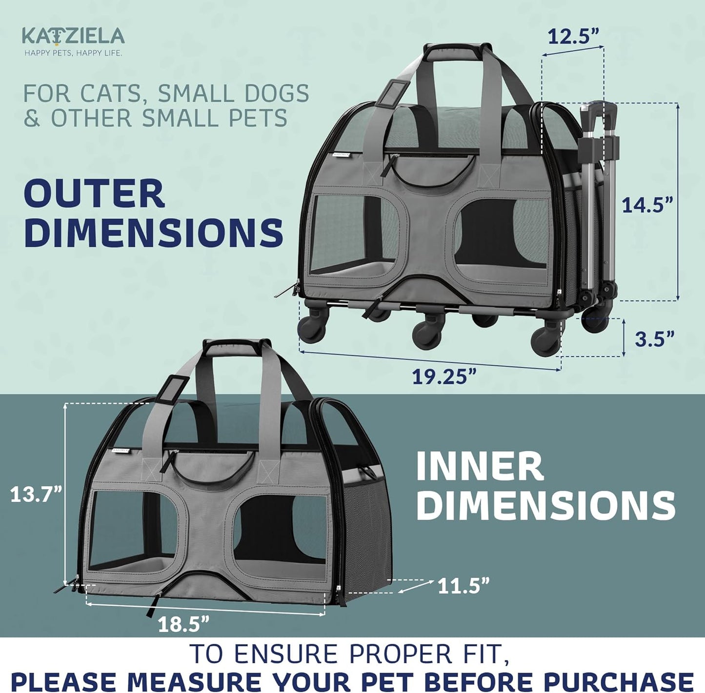 Katziela Pet Carrier - Airline Compliant Dog TSA for Small Dogs and Cats Soft FAA Travel Airplane Luggage (Gray/Black)