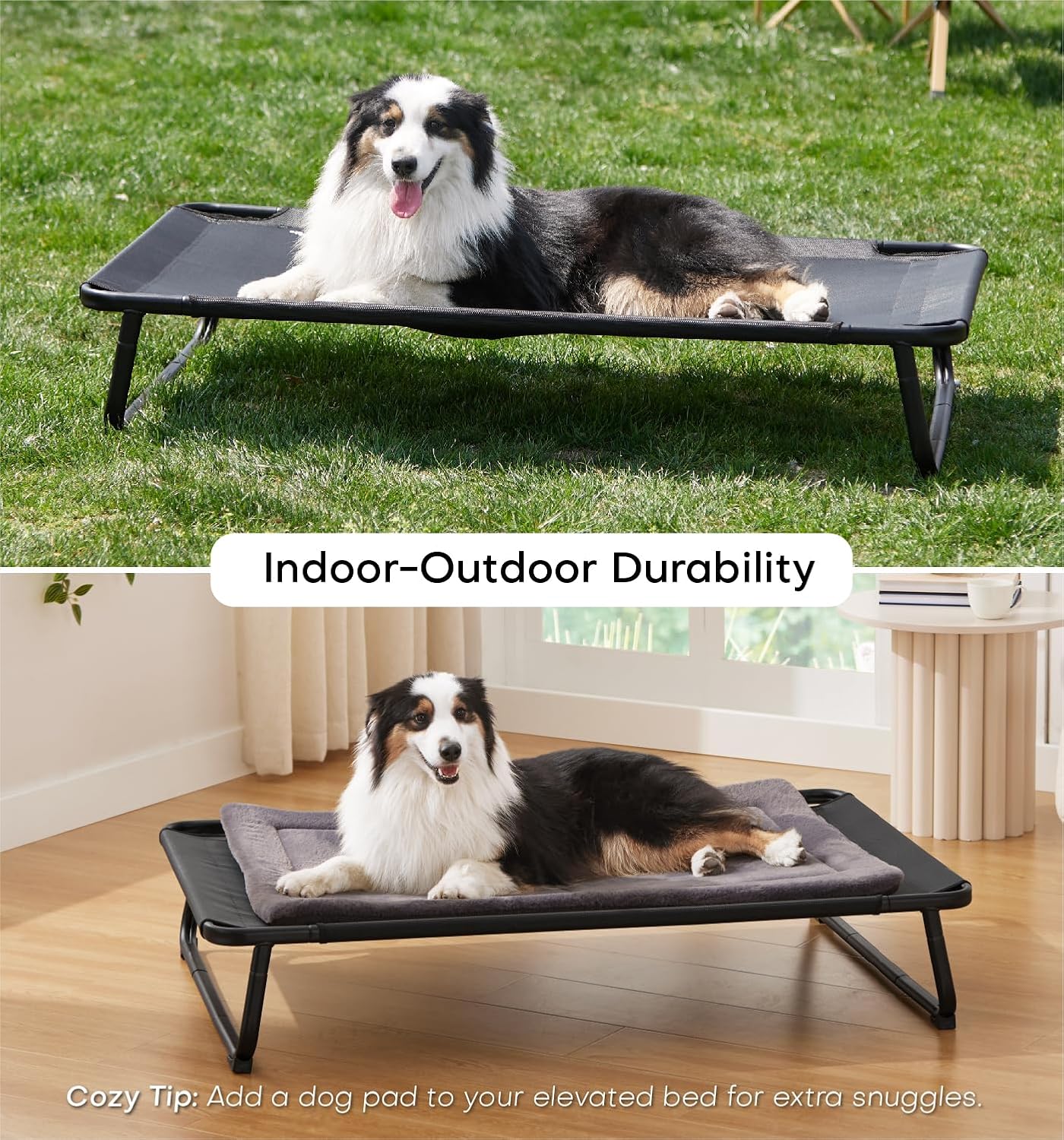 Made4Pets Raised Dog Bed for XXL Dogs - Outdoor Elevated Pet Cot with Snap-in Legs, Washable Mesh, Non-Slip Feet, Durable & Chew-Resistant Hammock Bed, Indoor & Outdoor Use, 54"x37", Black