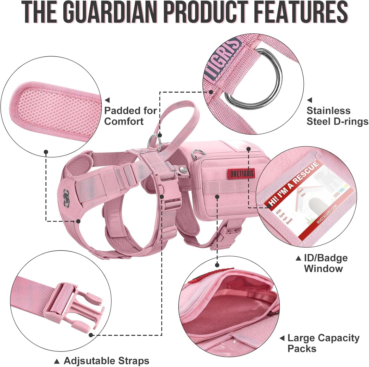 OneTigris Service Dog Vest Harness, Service Dog Cape Guardian Dog Backpack Harness with Pouches Dog Saddle Bag for Small Medium and Large Dogs (Pink, Large)