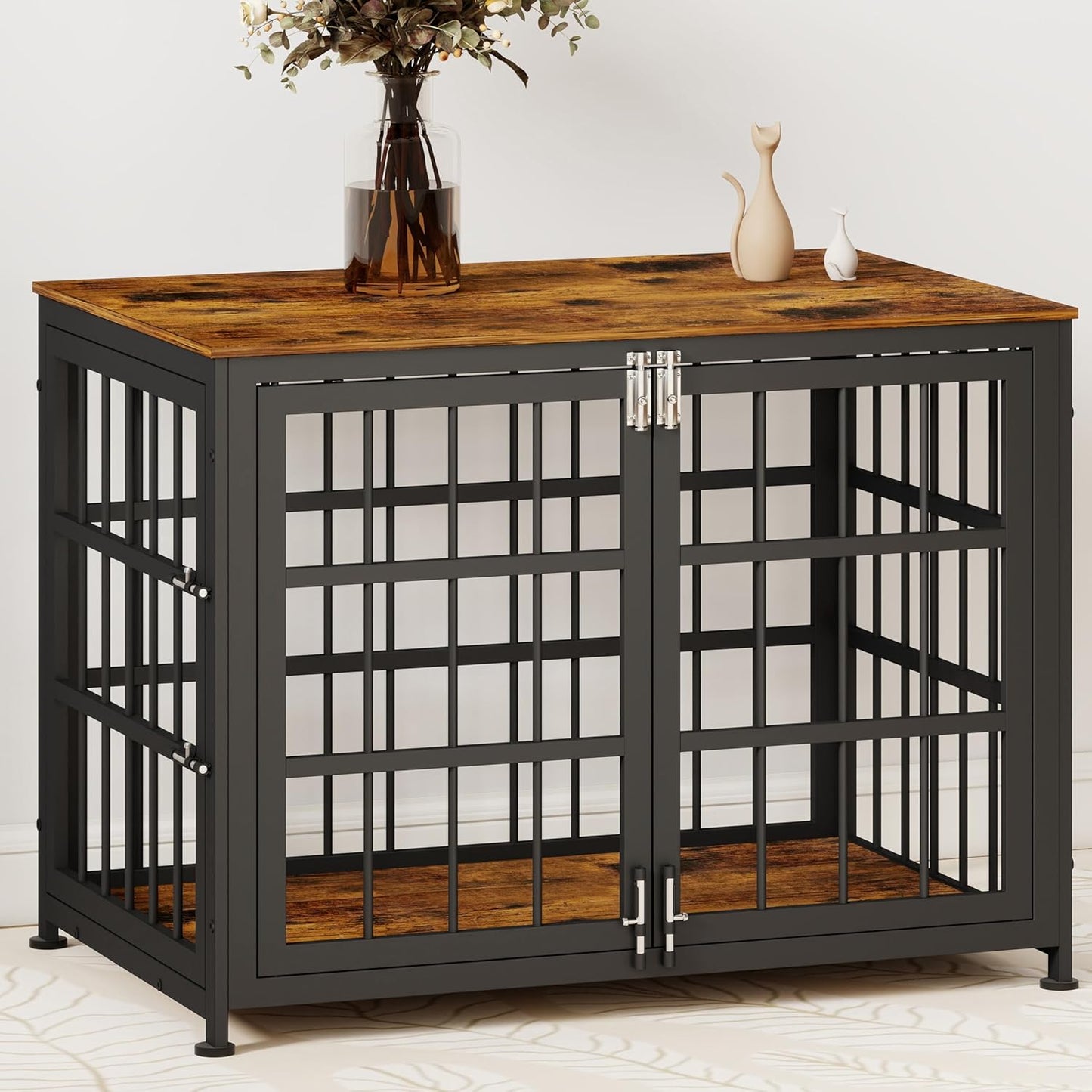 32 Inch Heavy Duty Wooden Dog Kennel End Table with Double Door Design and Secure Locks, Indoor Pet Crate Furniture for Medium Dogs, Decorative Home Cage Design,Aged Black