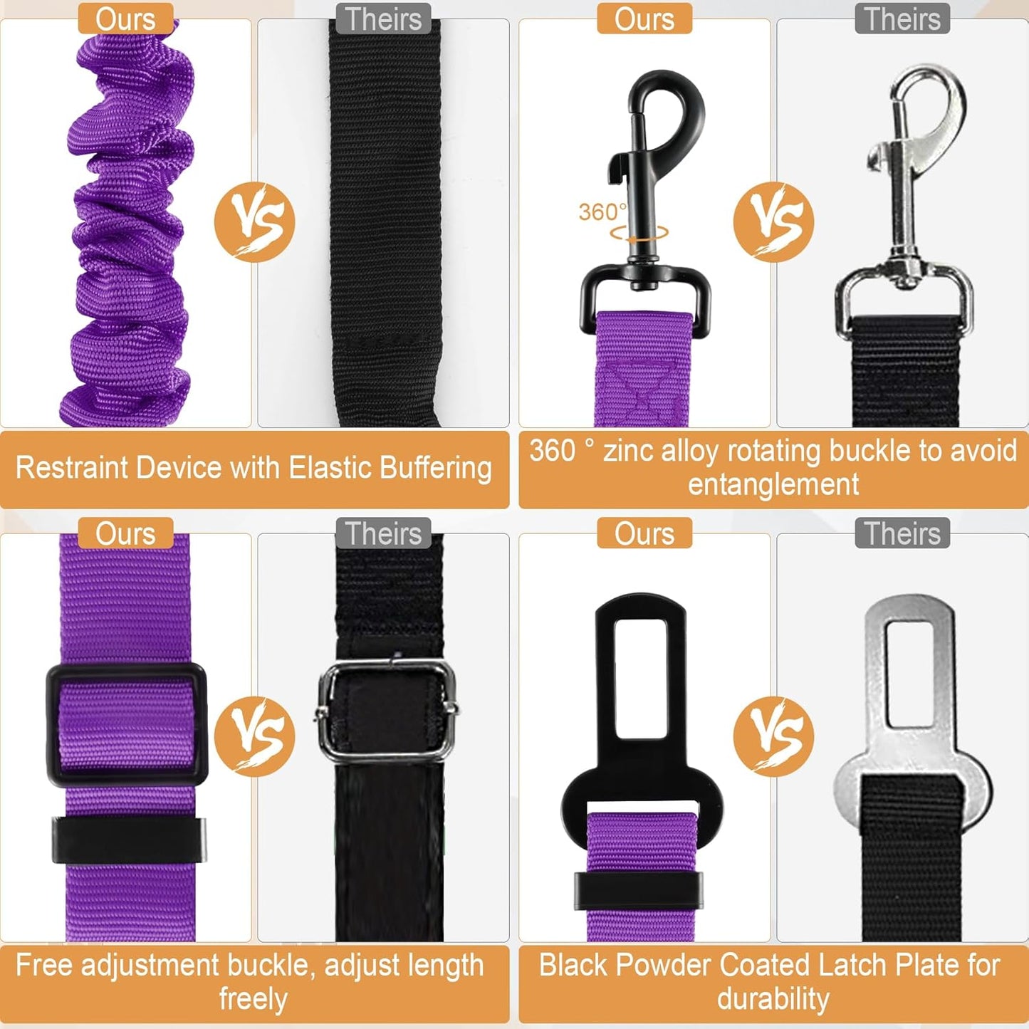 LivTee Dog Seat Belt for Car, Retractable Pet Safety Harness, Adjustable Nylon Dog Seatbelt Leash, Comfortable Dog Accessories for Vehicles (Purple-2PCS)