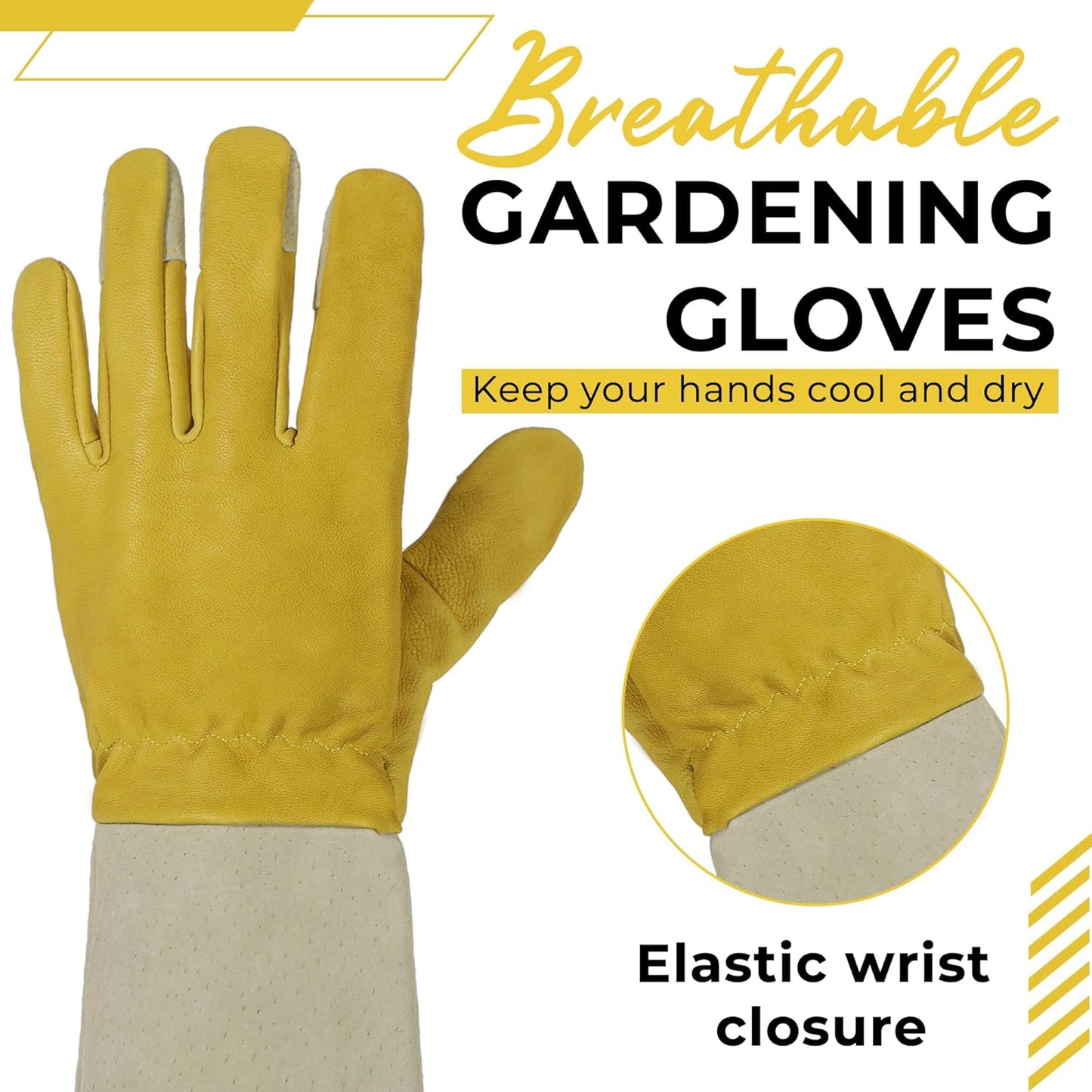 HANDLANDY Rose Pruning Gardening Gloves for Men Women, Thorn Proof Forearm Protection Leather Garden Gloves, Gardening Gifts for Gardeners (Yellow- goatskin, Medium (Pack of 1))