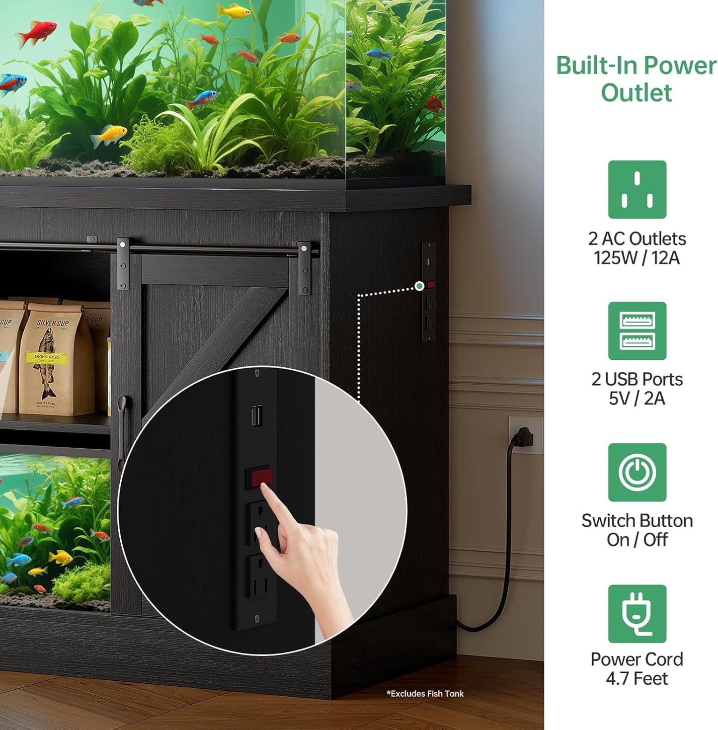 Fish Tank Stand Up to 75 Gallon, Aquarium Stand with Sliding Barn Doors & Power Outlet, Black Farmhouse Style Stand with Cabinet Storage for Fish Tank, Turtle Tank, Reptile Terrarium,1000LBS Capacity