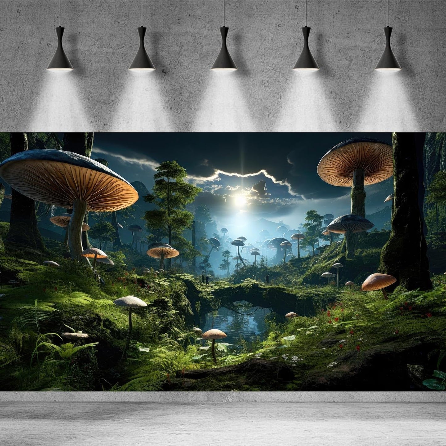 Fantasy Mushrooms Landscape Aquarium Background Tranquil Stream Cloudy Sky Terrarium Background Lush Green Tropical Plants Trees Fish Tank Backdrop Decoration Tank Background Poster 24x16in