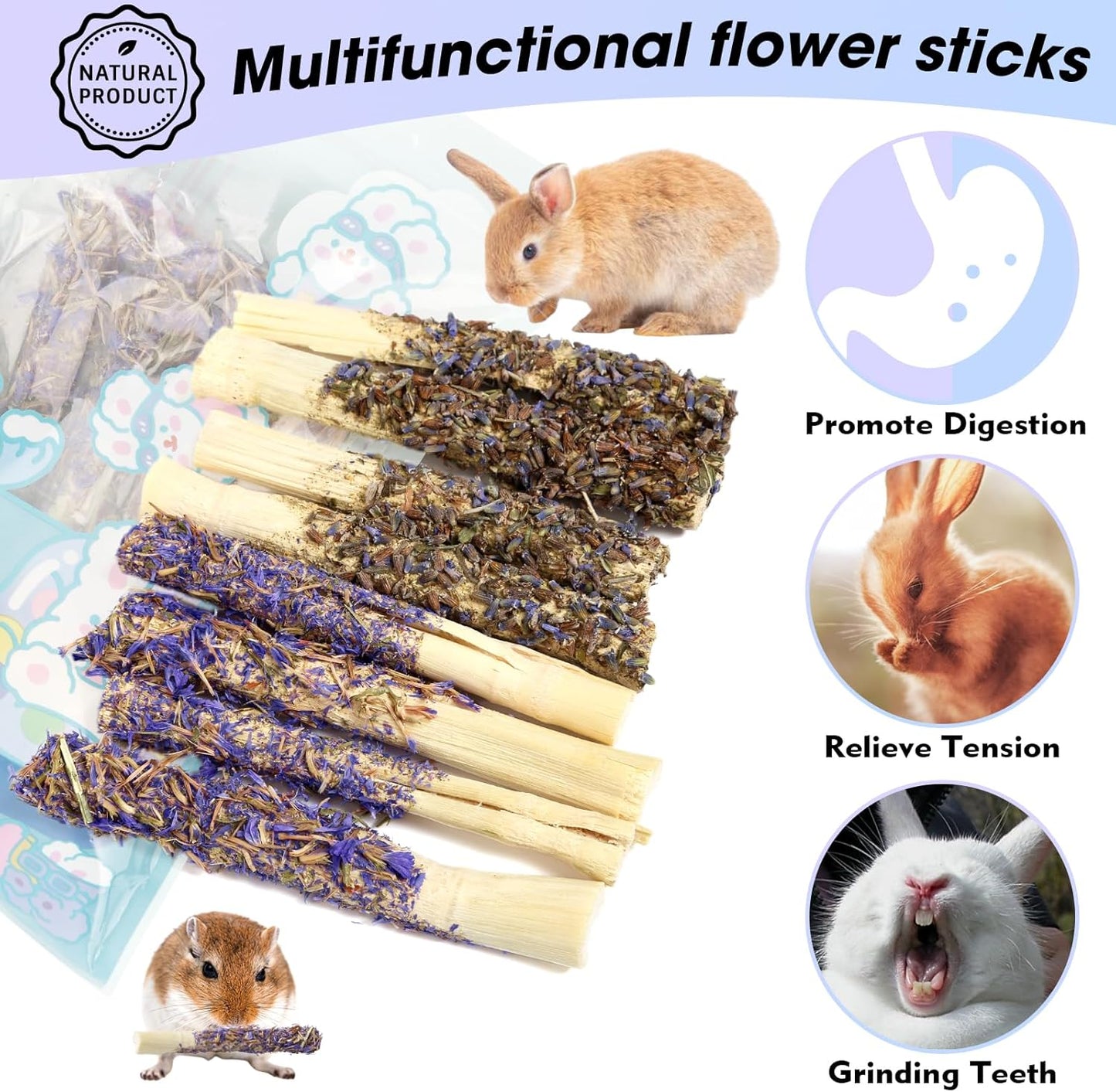 Abizoo Sweet Bamboo Rabbit Chew Sticks Treats and Toys 8Pcs Natural Hay with Forget-Me-Not Lavender for Bunny Guinea Pig Chinchilla Dental Care