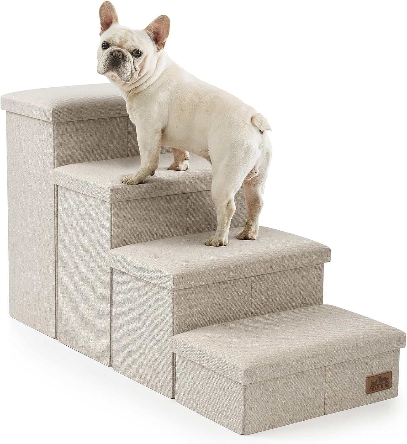 Dog Stairs with Storage, 4-Step Wider Sturdy Dog Steps for Small/Medium/Large Dogs and Older Cats, Folding Doggie Ramp for Bed/Couch/Car Hold Up to 180 lbs (22" H, Beige)