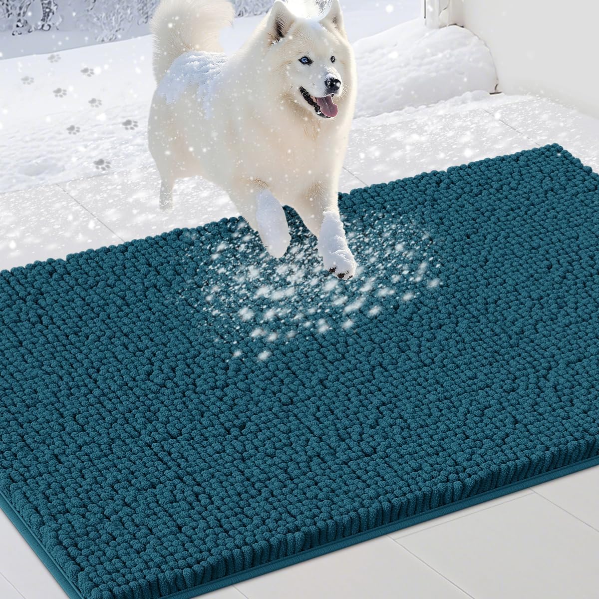 Dog Door Mats for Muddy Paws, Chenille Absorbent Door Mats, Non Slip Heavy Indoor Door Mat for Dogs, Soft Dog Mat for Entryway, Mud Paws, Inside Floor,48" x 38", Teal Blue