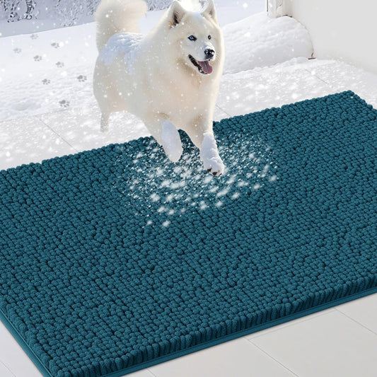 Dog Door Mats for Muddy Paws, Chenille Absorbent Door Mats, Non Slip Heavy Indoor Door Mat for Dogs, Soft Dog Mat for Entryway, Mud Paws, Inside Floor,48" x 38", Teal Blue
