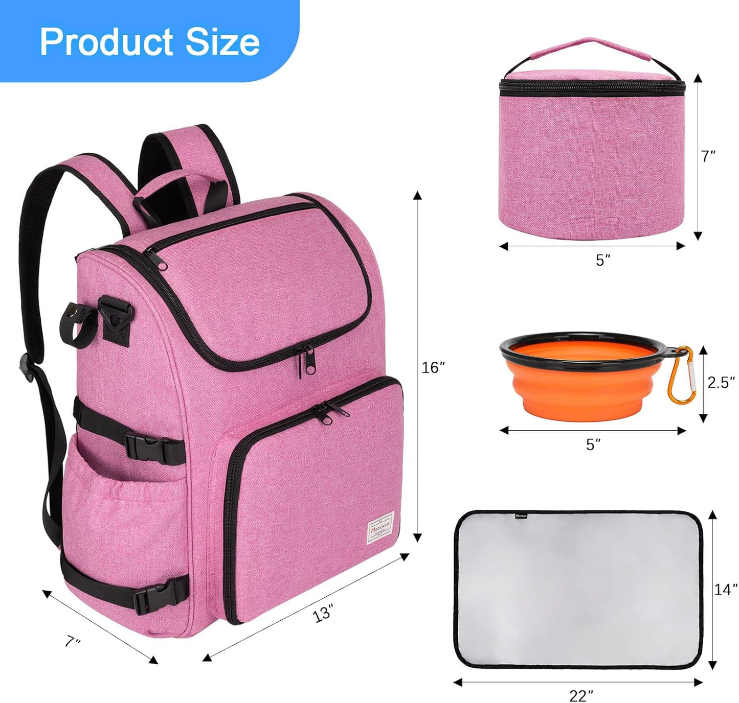 Modoker Dog Travel Bag Backpack, Airline Approved Pet Accessories Organizer for Dog and Cat with Shoulder Strap, 2 Dog Food Storage Containers, 2 Collapsible Dog Bowls,1 Pet Mat, Pink