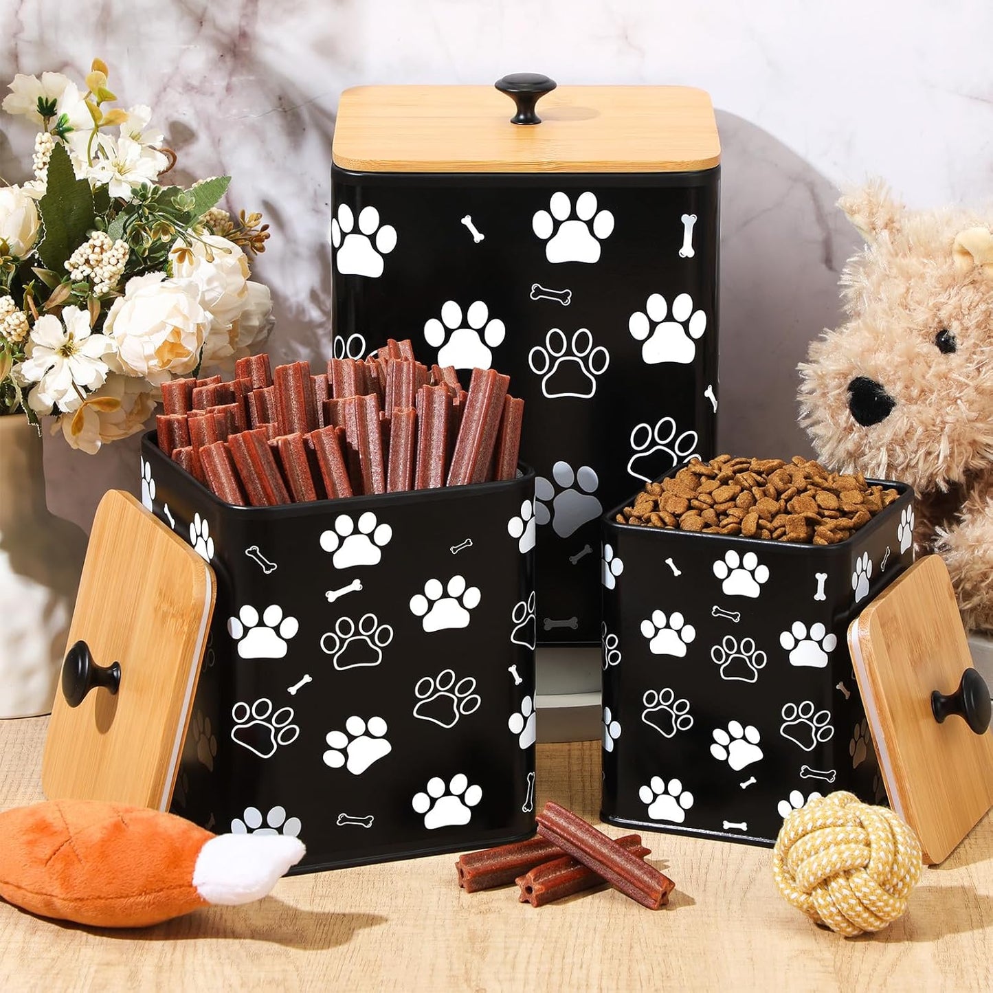 3 Pack Airtight Dog Food Containers with Bamboo Lids, Metal Dog Treat Jars Canisters for Kibble, Biscuits, Snacks, Cookies, Pet Food Storage Set for Kitchen Counter(Black)