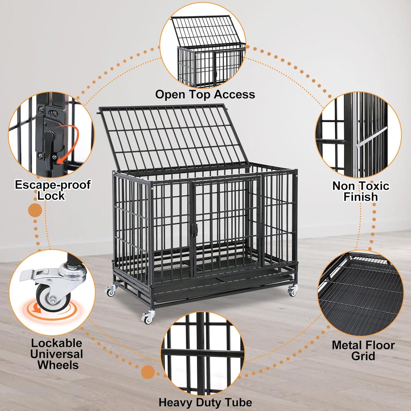Homey Pet 37 Inch Heavy Duty Dog Crate Indestructible, Collapsible Dog Cage with Lockable Wheels, Removable Tray, High Anxiety Dog Kennel Indoor, Three Tiers Stackable Dog Crates for Medium Dogs