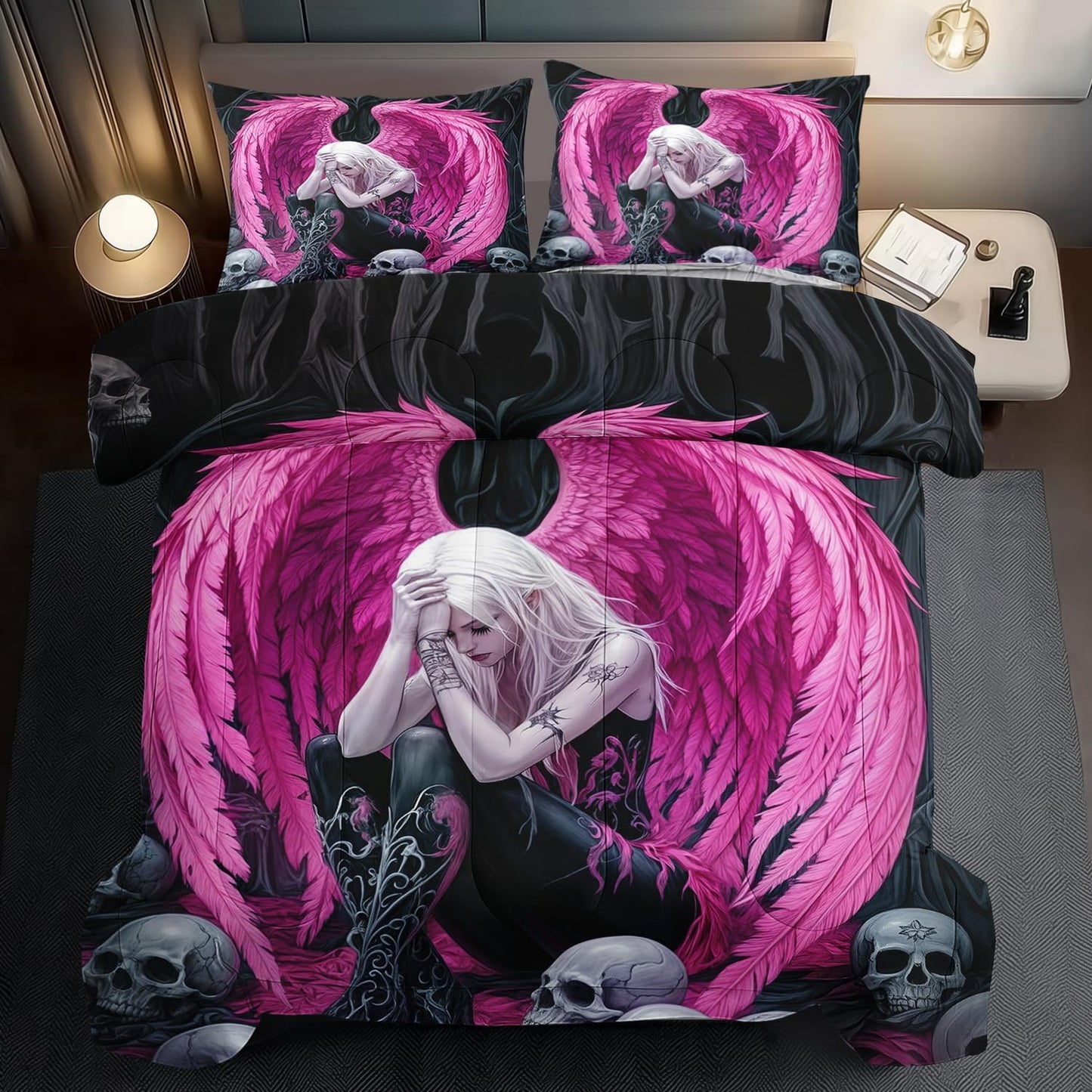 Gothic Skull Comforter Set Twin for Adults,Angel Wings Bedding Set Pink for Girls,Sexy Angel Comforter Bedroom Decor Teen,Gothic Skull Bedding Decor Pink Wings Quilt