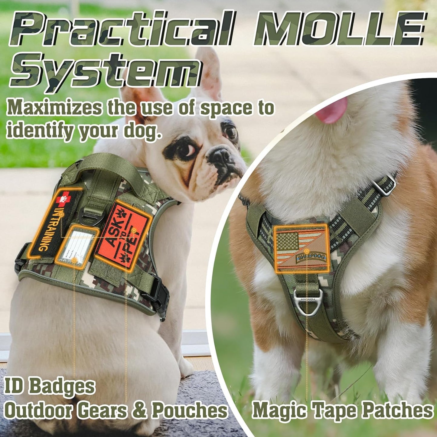 rabbitgoo Tactical Dog Harness for Large Dogs, No Pull Military Service Vest with Handle & Molle, Easy Control for Training Walking, Adjustable Reflective Straps, Green camo, L