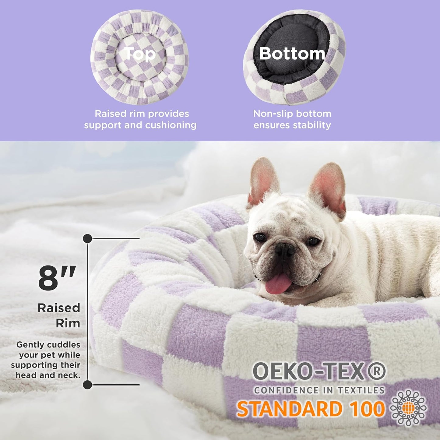 Lesure Donut Medium Dog Bed - Round Cat Beds for Indoor Cats Calming Pet Beds, Cute Modern Beds with Jacquard Shaggy Plush & Anti Slip Bottom, 30 Inch, Purple