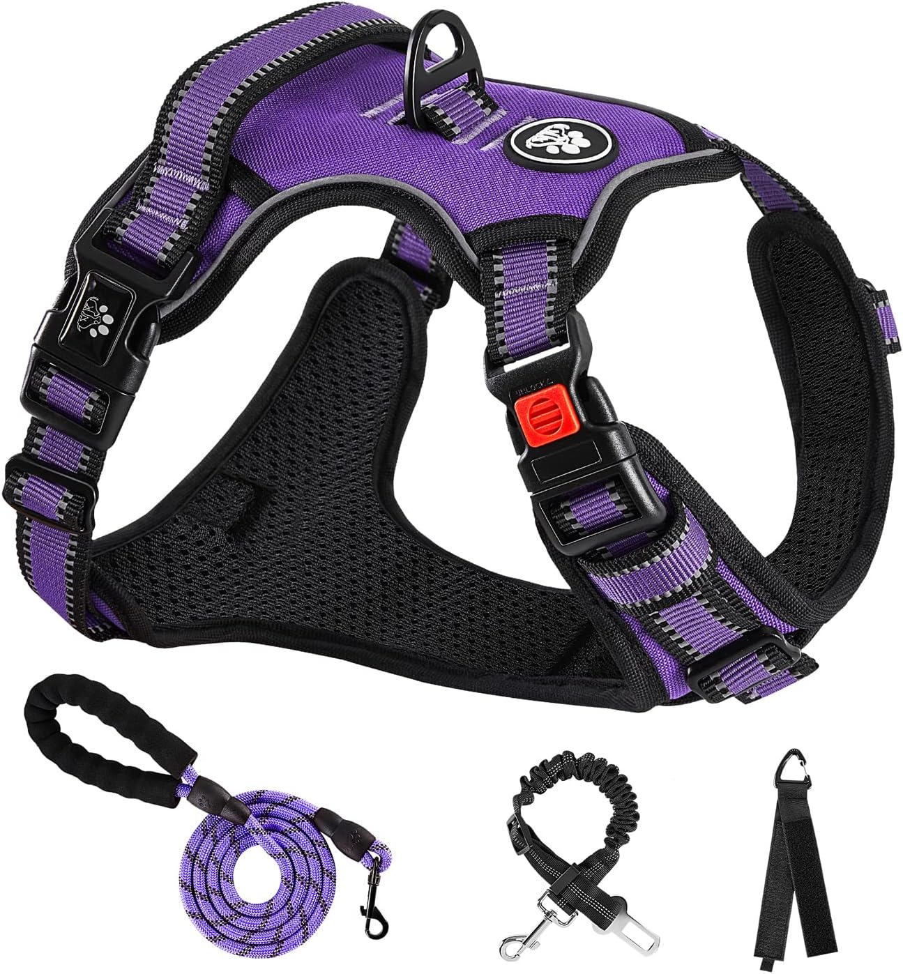 NESTROAD No Pull Dog Harness,Adjustable Oxford Dog Vest Harness with Leash,Reflective No-Choke Pet Harness with Easy Control Soft Handle for Small Medium Dogs(Medium,Purple)