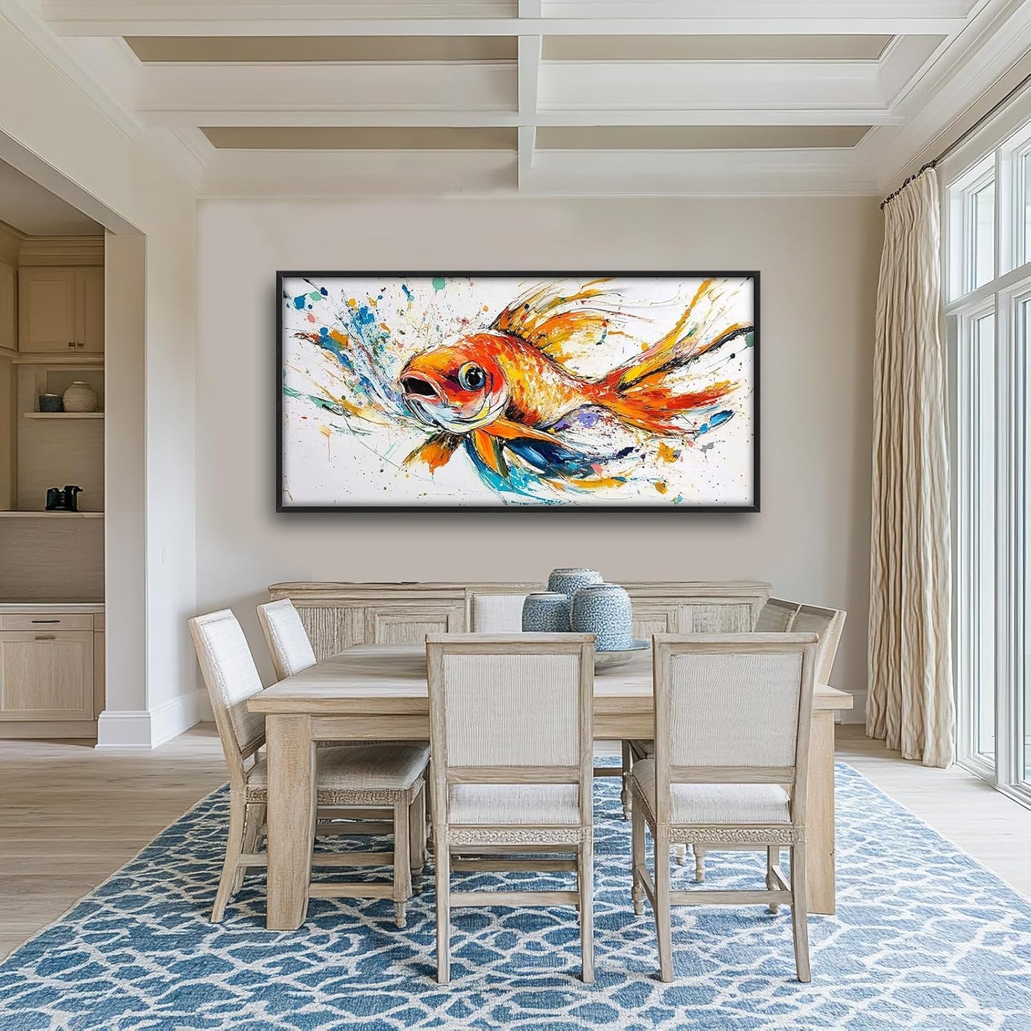 Framed Large Fish Wall Art for Living Room, Oversized Graffiti Goldfish Wall Decor Watercolor Fishing Canvas Painting Modern Artwork Home Decoration for Living Room Bedroom Office 60"x30"