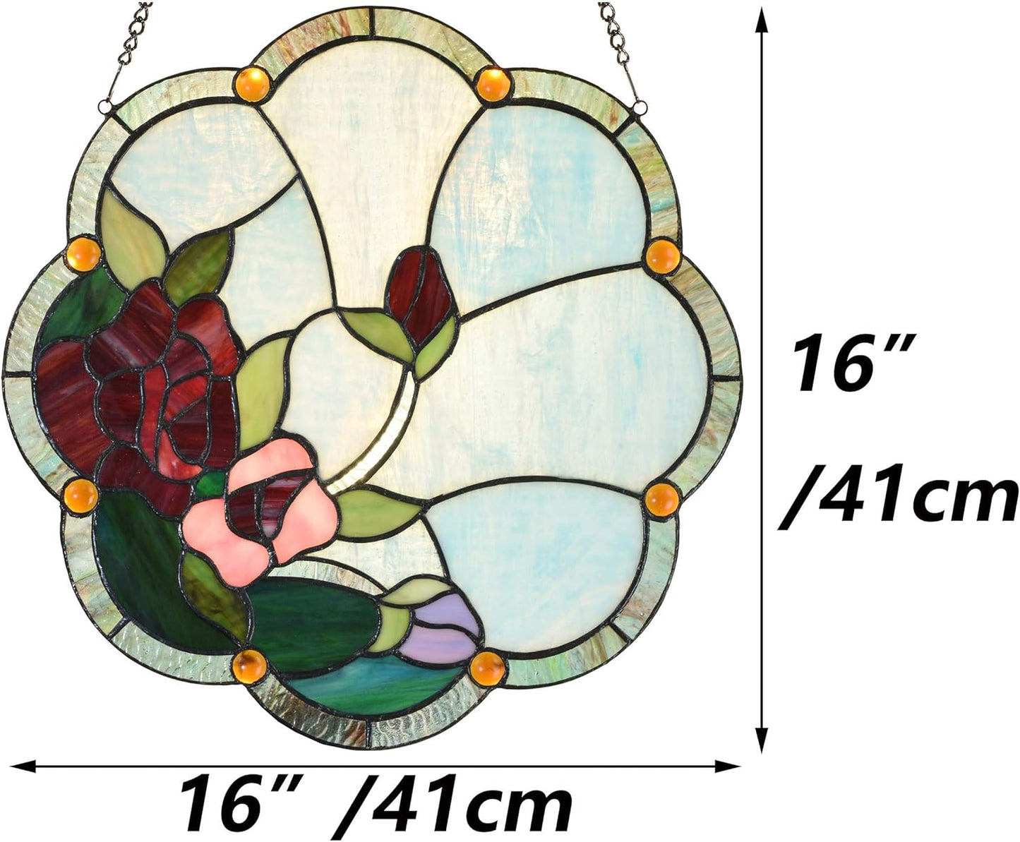 Bieye W10058 Rose Flower Tiffany Style Stained Glass Window Panel with Chain, 16-inch Wide