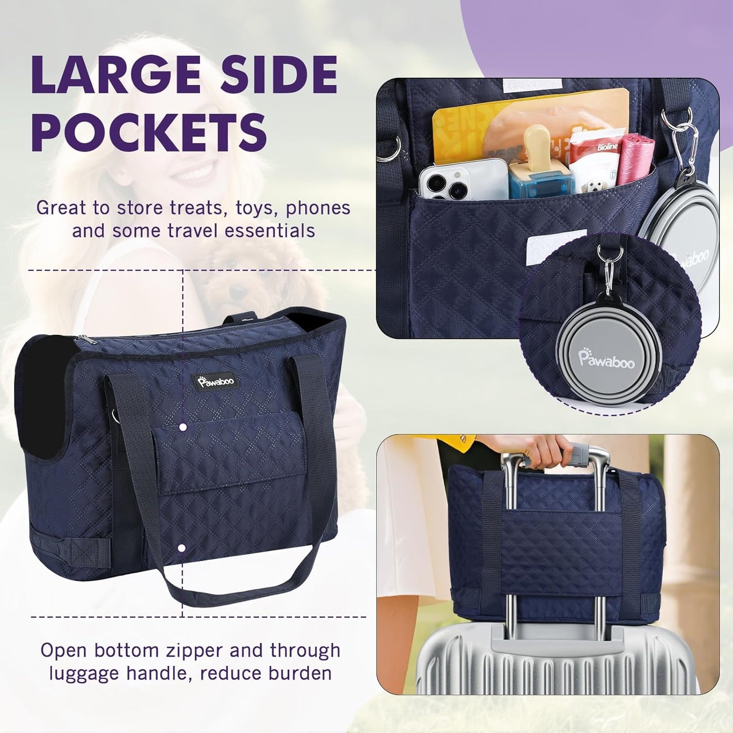 Pawaboo Dog Purse Carrier for Small Dogs with Pocket, Lightweight Dogs and Puppies Tote Bag Carrier, Dog Carriers Soft Sided for Puppy Cat Rabbit, Shopping Travel Puppy Carriers Under 11 LBS,Navy Blue