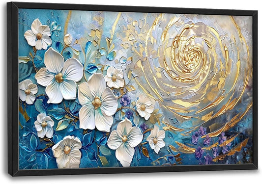 Flower Large Wall Art White Floral Pictures Abstract Golden Spiral Texture Wall Decor Canvas Print Painting Artwork for Bathroom Living Room Bedroom 36L" x 24W"